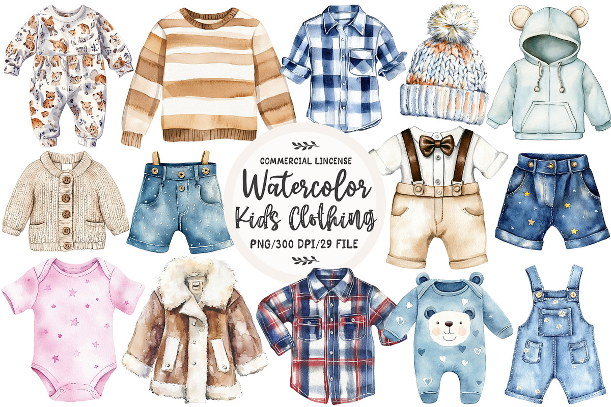 Watercolor Kids Clothing Clipart, an Illustration by OK Design (Photo 1 of 5)