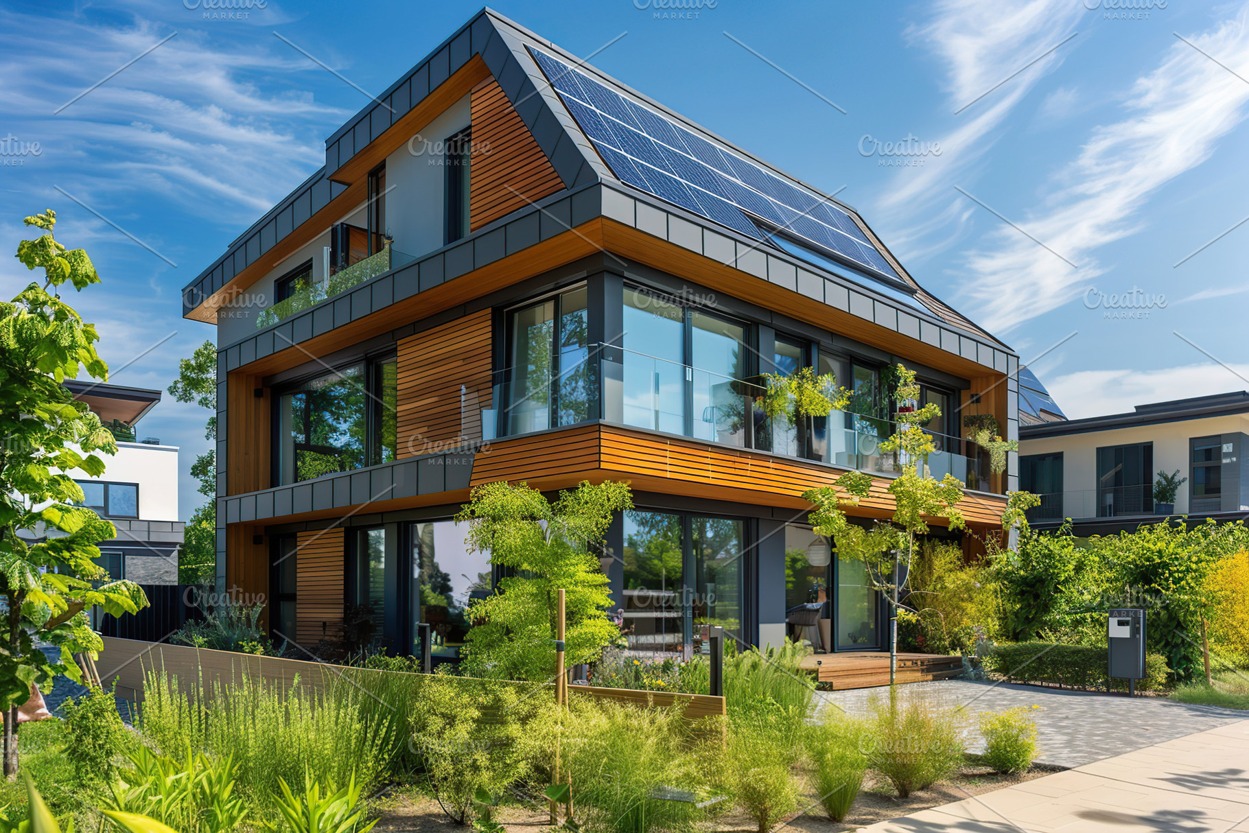 Large eco house with solar panels and green plant, a Photo by AlyaAnd