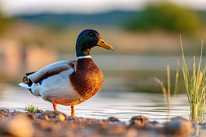 Mallard duck by the water at sunset, an Animal Photo by AlyaAnd