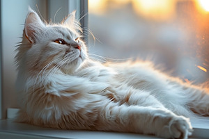 Fluffy white cat lounging by the window at sunset, basking in warm golden light, an Animal Photo by ImageMir