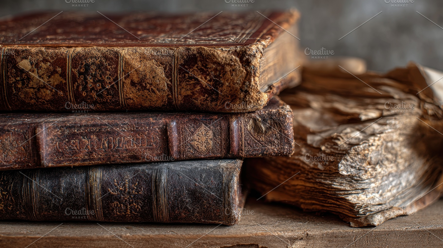 Old leather-bound books stacked, a Photo by Pavel_design