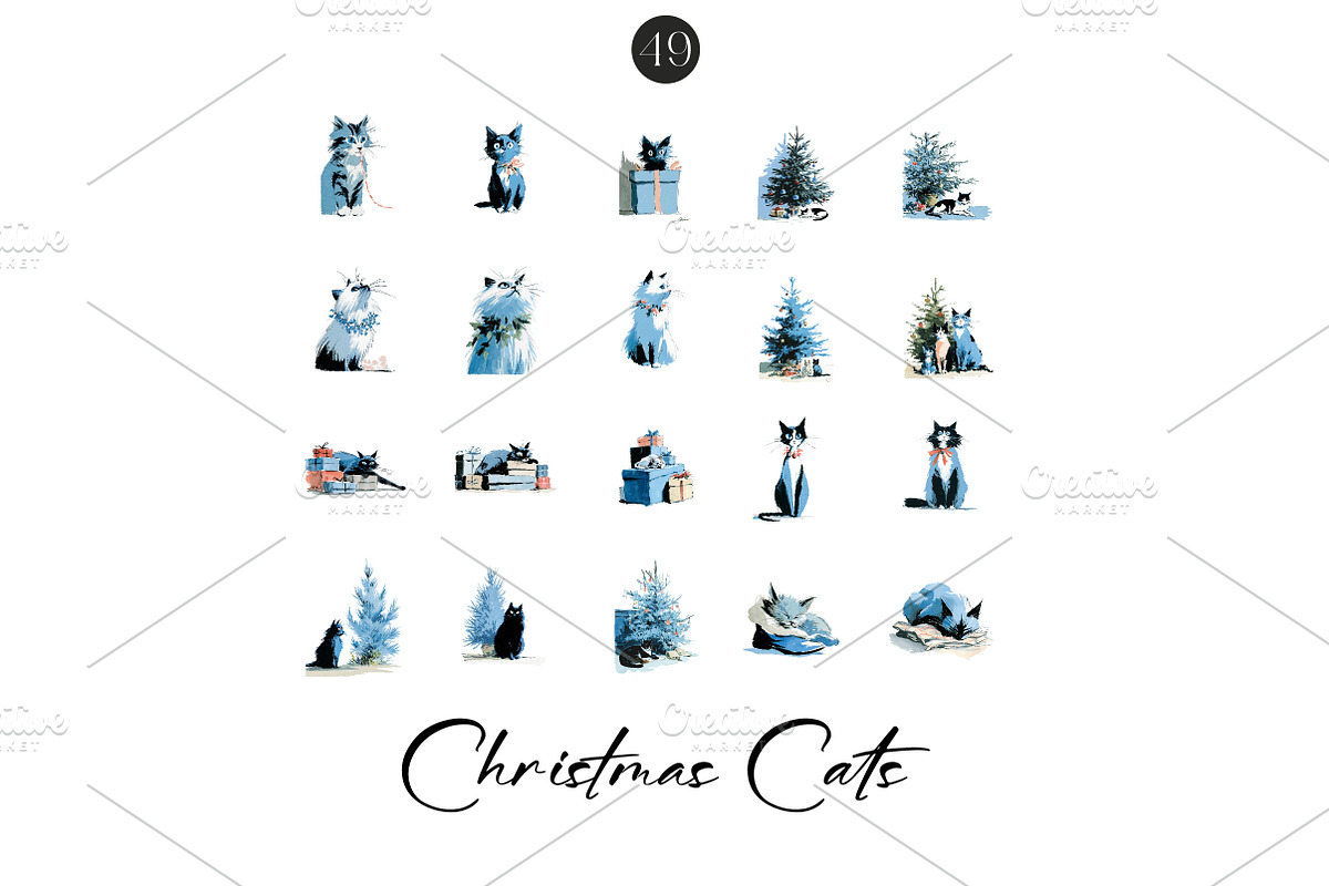 Christmas Cats Holiday Cats Set, an Illustration by CreationArt (Photo 7 of 7)