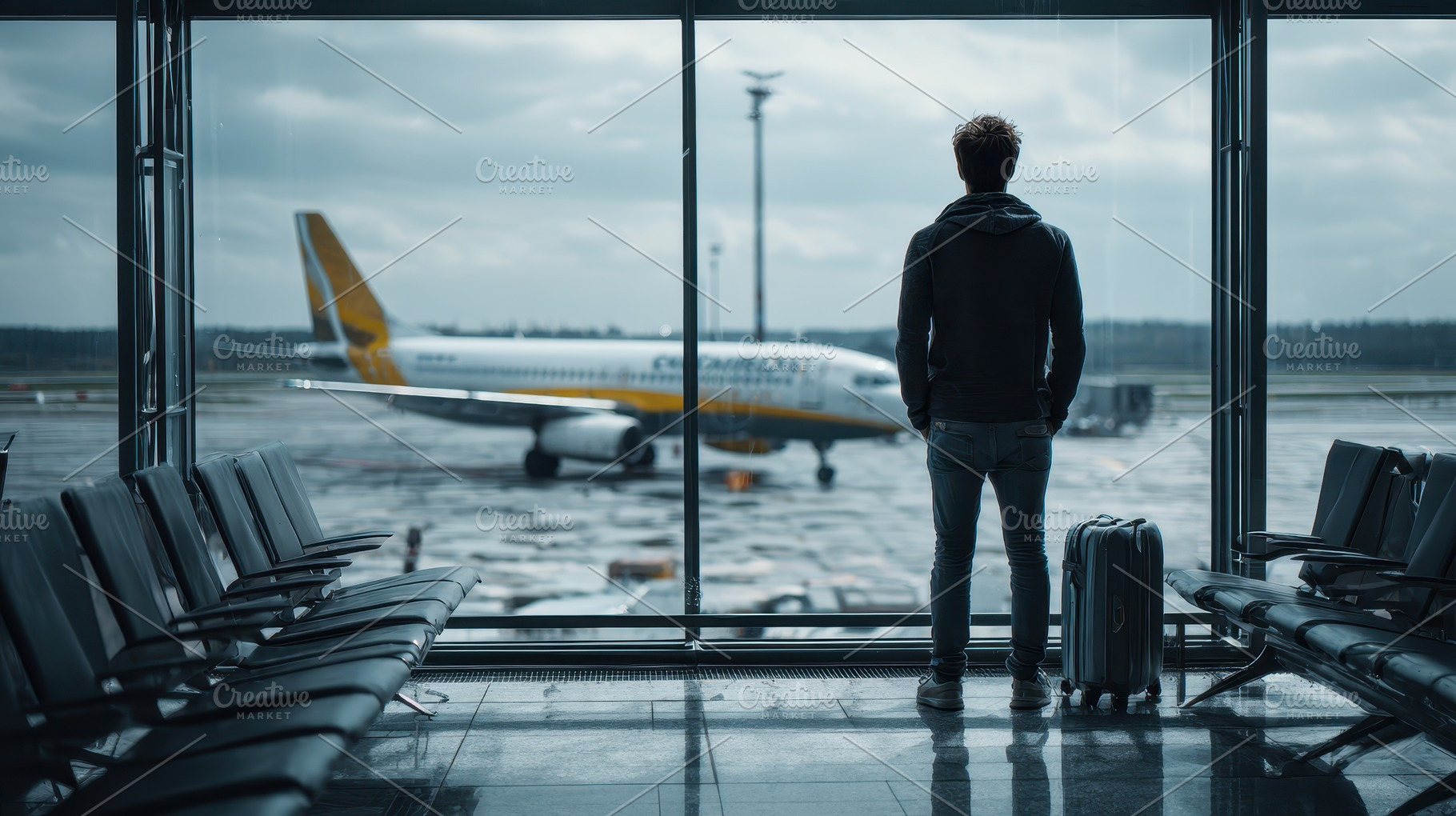 Man Waiting at Airport Gate Airplane, a Photo by Pixeness Studio