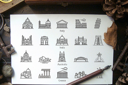 80 landmarks line icons, an Outline Icon by Tettygreen