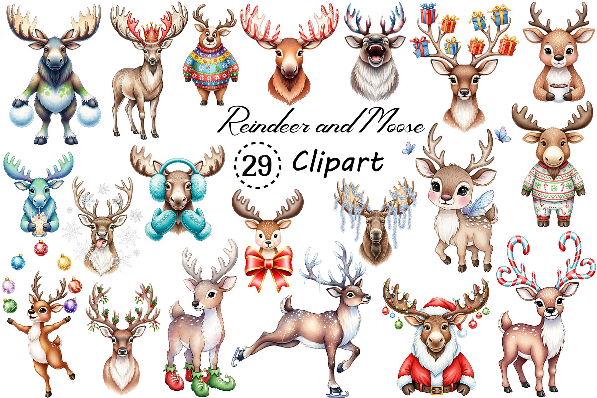Quirky Reindeer Funny Moose Clipart, an Illustration by Creative Art (Photo 1 of 9)