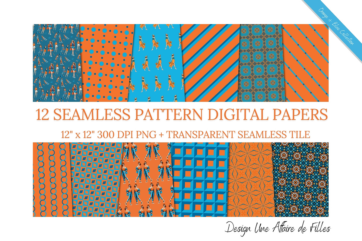ORANGE & BLUE 12 SEAMLESS PATTERNS, a Pattern Graphic by Une Affaire de Filles (Photo 1 of 5)