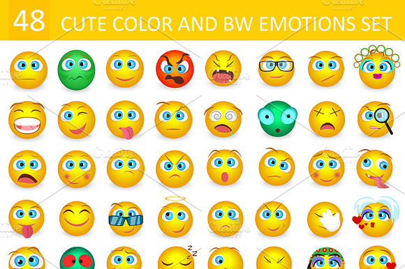 48 Cute Color And Bw Emotions Set.