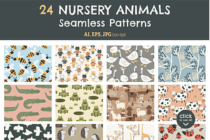 24 NURSERY ANIMALS Seamless Patterns