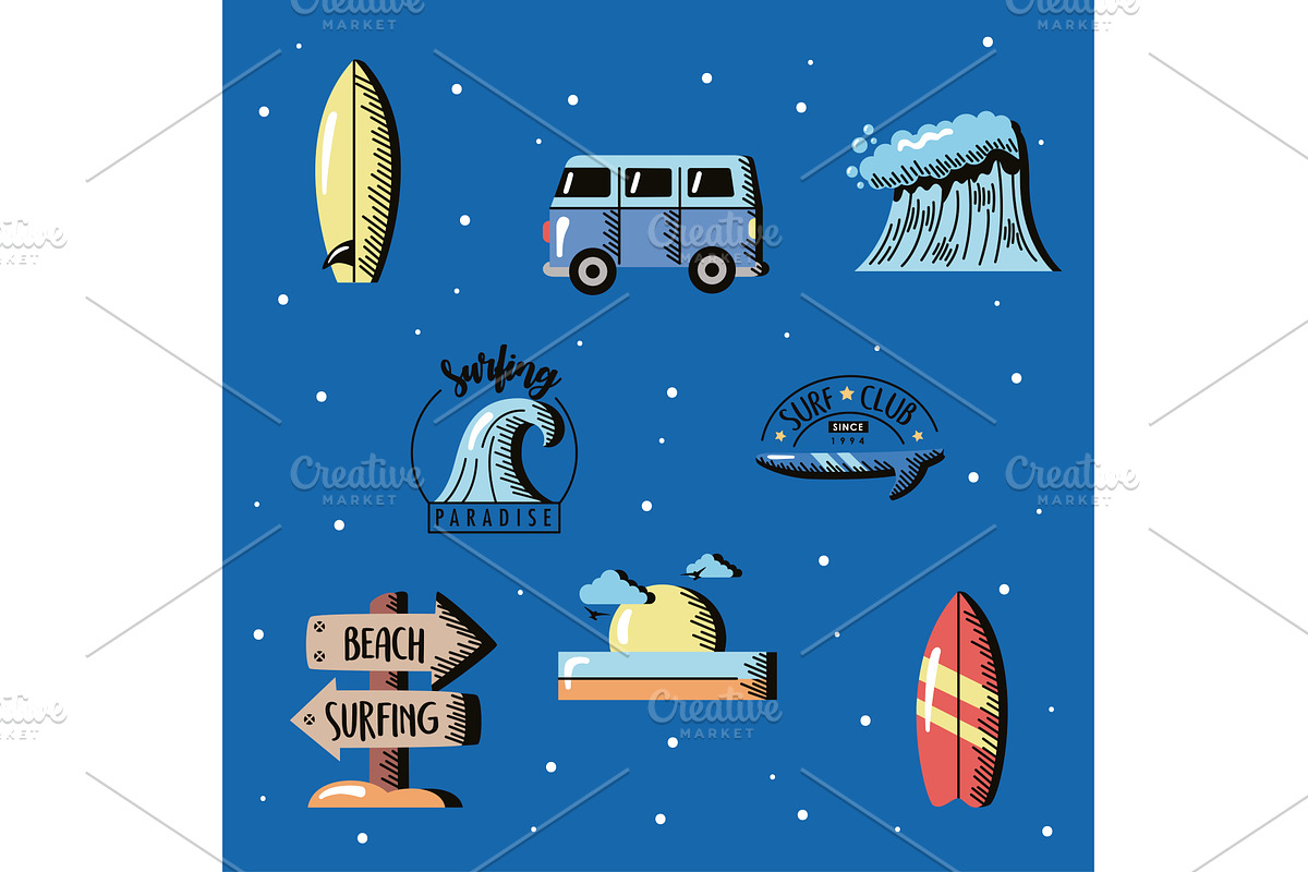 eight surf sport icons, an Object Illustration by studiogstock