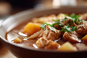 Close up of a steaming bowl of stew, a Food & Drink Photo by MistyDay