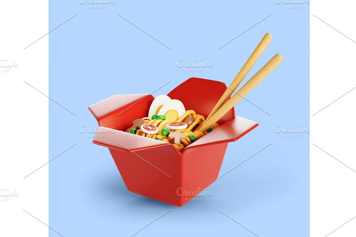 3d Wok or pad thai in red paper, a Food & Drink 3D Model by Marozhkastudio