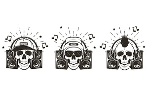 Music Skull Set, Vector Hand Drawn