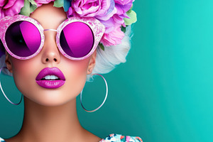 A young woman wearing pink glasses and a floral headdress poses confidently aga, a Person Photo by Mashimara