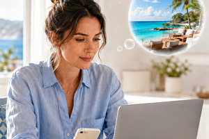 Woman using laptop and smartphone fo, a Photo by Dvoevnore photos