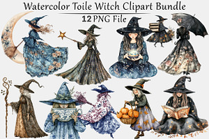 Watercolor Toile Witch Clipart
