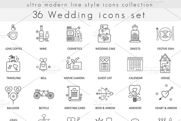 36 Wedding Ultra Modern Line Icons.