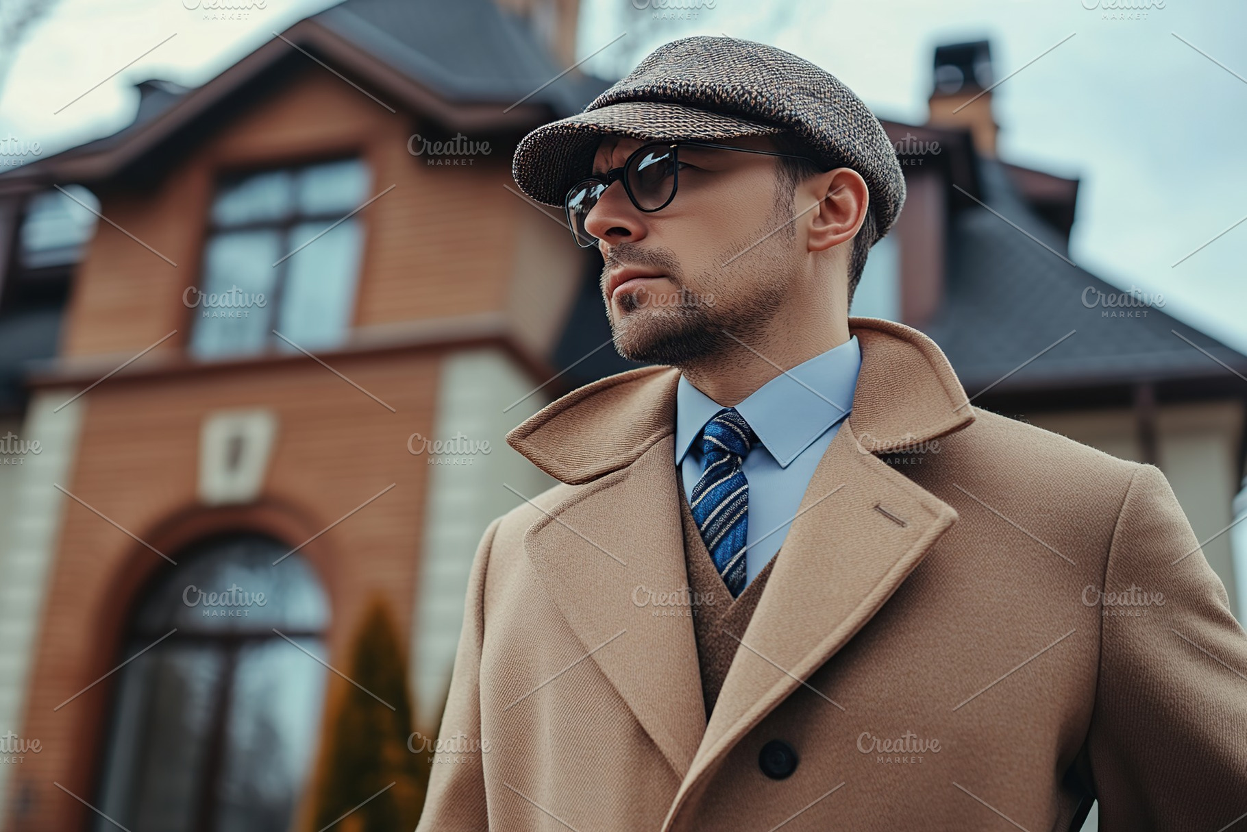 Male detective wearing costume and standing on blurred house background, a Person Photo by AlyaAnd