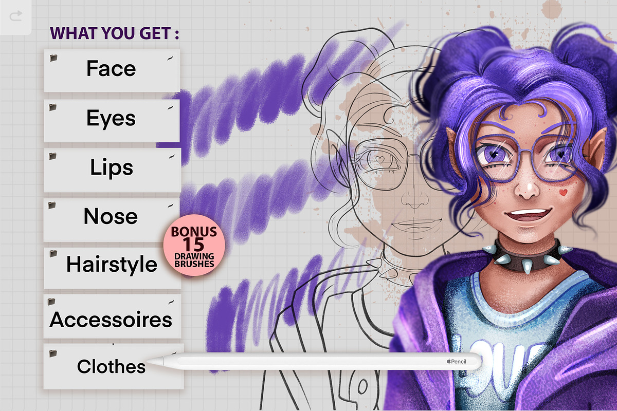 PROCREATE CARTOON PORTRAIT TOOLKIT, a Brush Add-On by AlexandraArt (Photo 2 of 9)