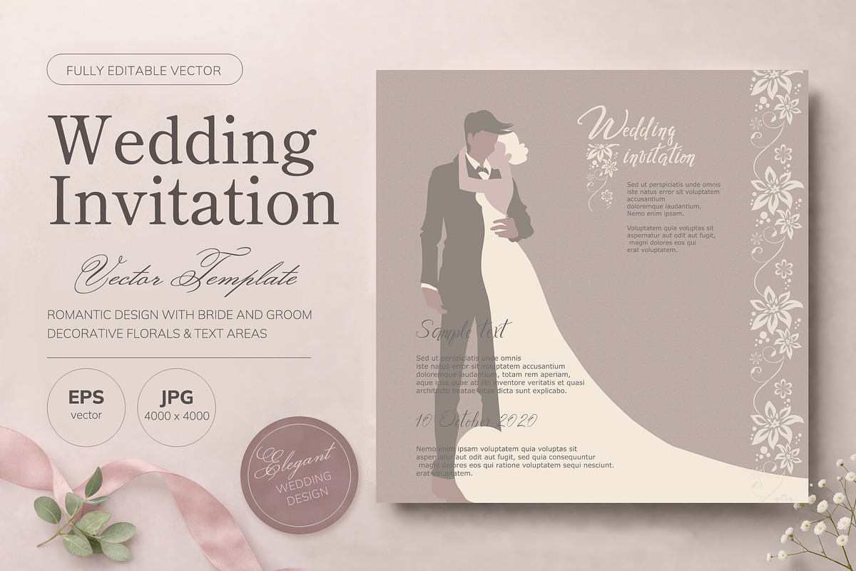 Wedding Invitation Vector Template, an Invitation Template by Elena Naumchenkova (Photo 1 of 3)