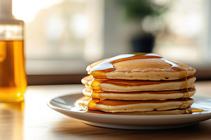 Delicious pancakes stacked high with sweet syrup in a ceramic dish on a wooden, a Food & Drink Photo by AlyaAnd