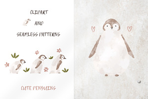 Cute penguins clipart and 3 patterns