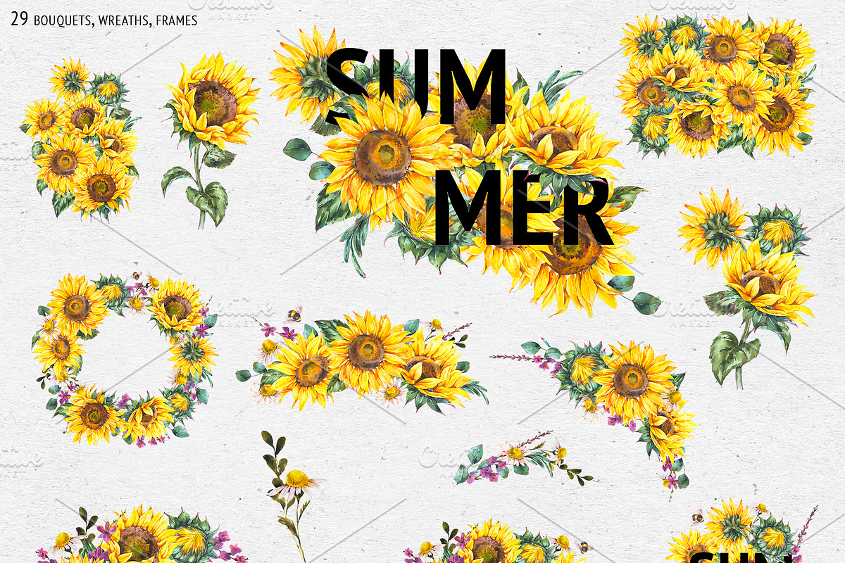 Sunflower rustic watercolor flowers, an Illustration by Depiano (Photo 4 of 10)