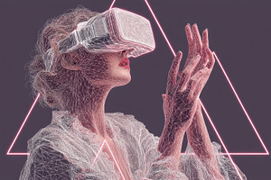 Elegant wireframe woman wearing VR headset reaching out with glo, an Abstract Photo by José Manuel Gelpi