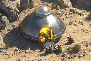 Raccoons explore futuristic UFO, a Photo by Dvoevnore photos