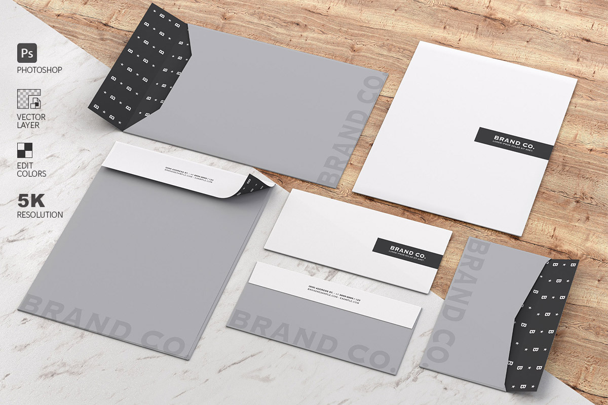 Mockup Stationery Kit on Wood and Ma, a Product Mockup by LESZ Design (Photo 1 of 6)