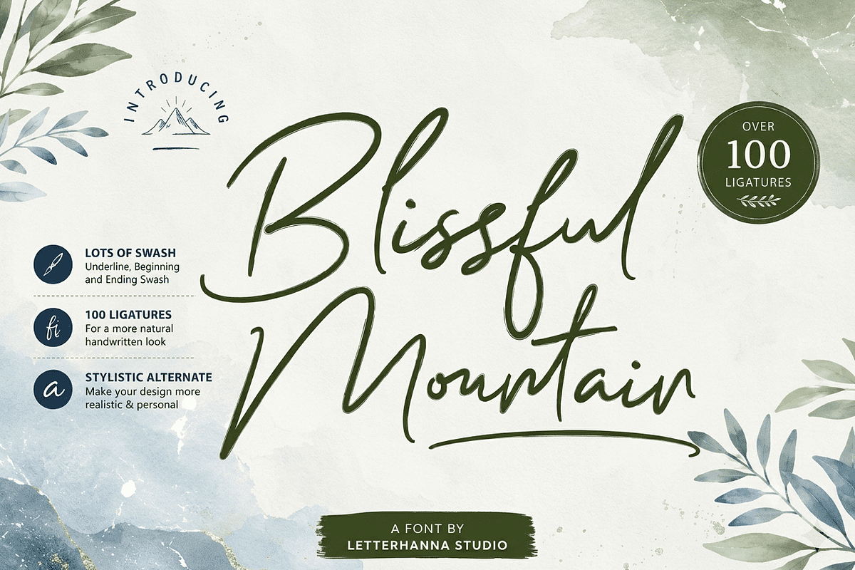 Blissful Mountain, a Handwritten Font by Letterhanna Studio (Photo 1 of 13)