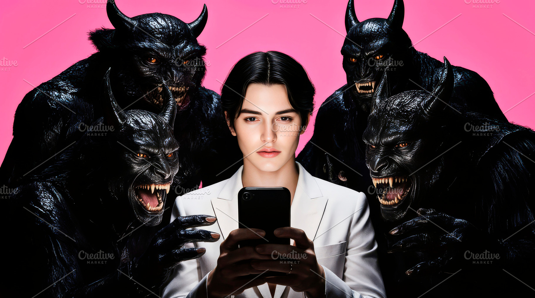 Demons surround a man with a phone., a Holiday Photo by TatsianaSalauyova
