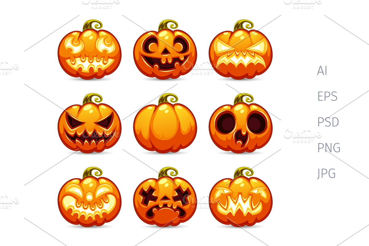 Halloween Cartoon Pumpkins Icons Set, an Icon by Voysla's Shop