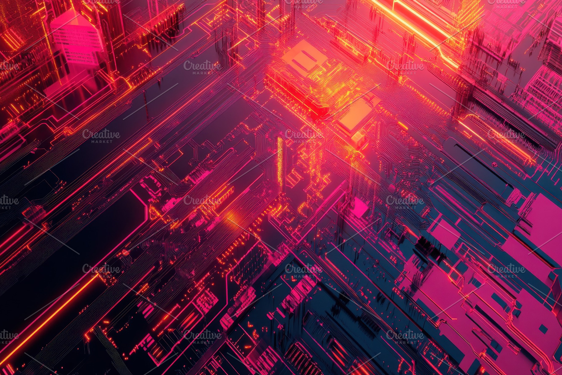 Abstract Circuit Board Neon Lights T, a Photo by Pixeness Studio