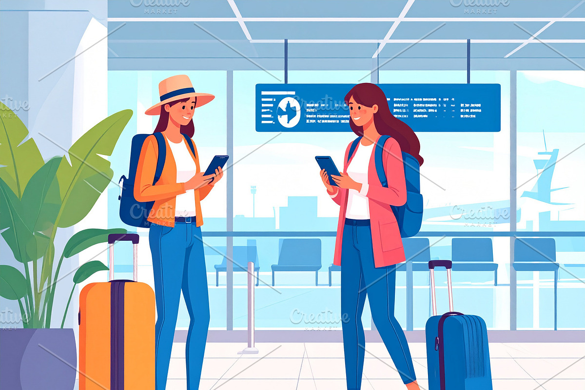 Couple with luggage at the airport terminal illustration, a Person Illustration by DanFLCreativo