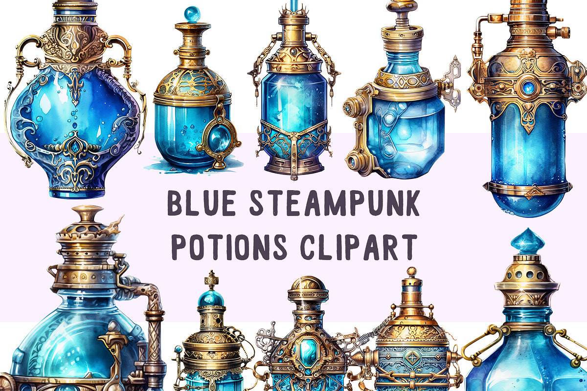 Steampunk potion bottles - Blue, an Object Illustration by YesFoxy (Photo 1 of 5)