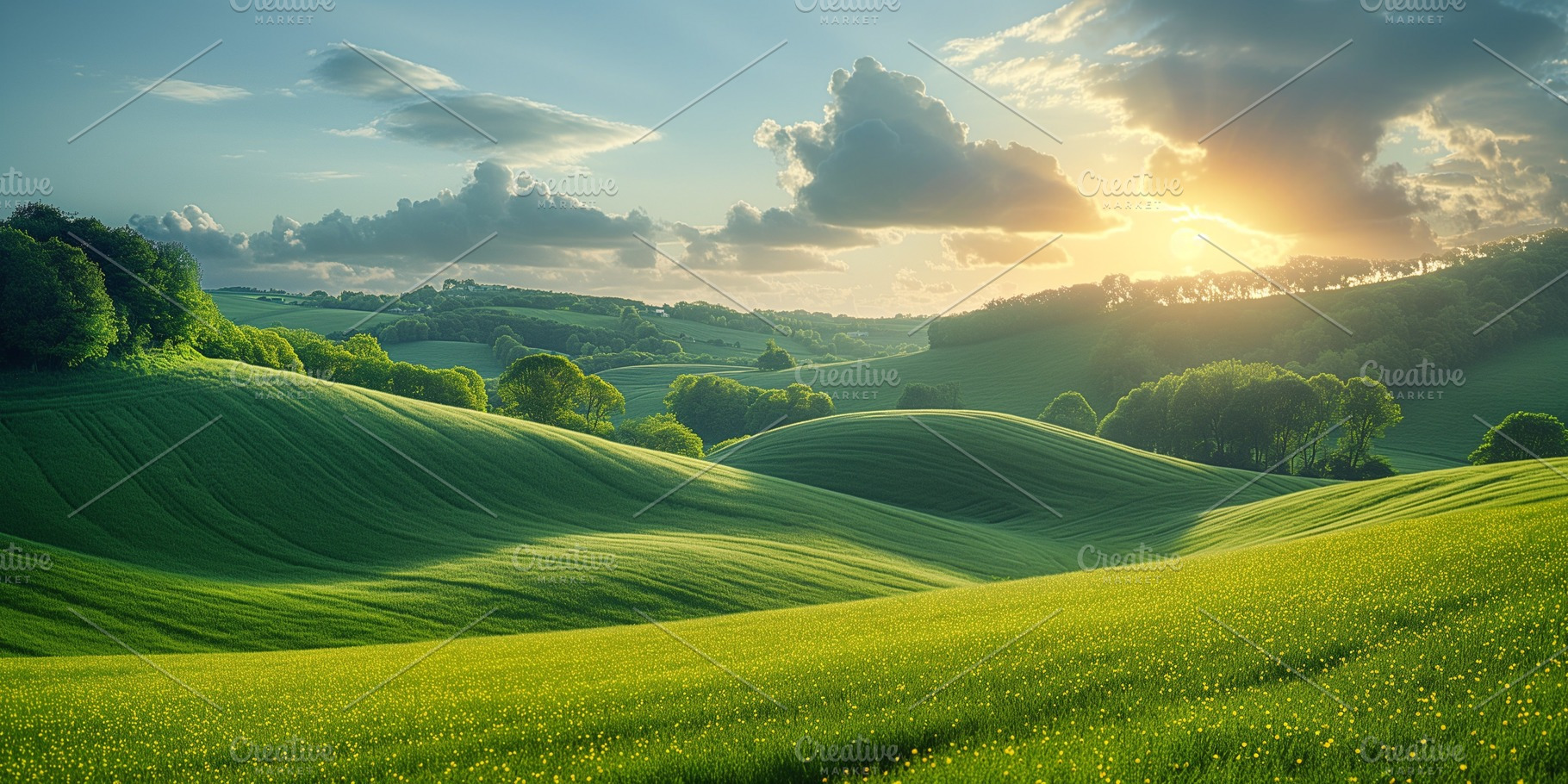 Breathtaking sunset over lush green hills with wispy clouds and golden sunlight, a Background Photo by ImageMir