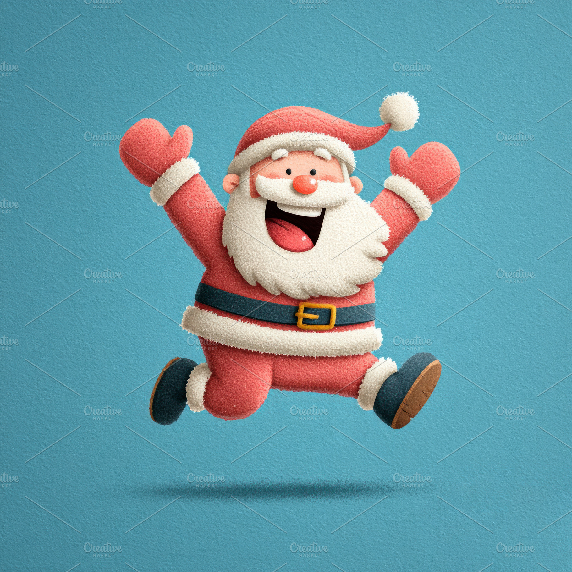Happy cartoon Santa Claus joyfully jumping with arms raised on b, a Holiday Photo by José Manuel Gelpi