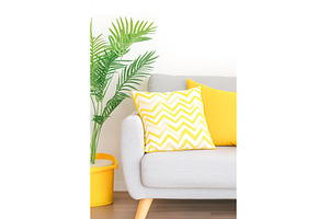 Modern living room decor with yellow