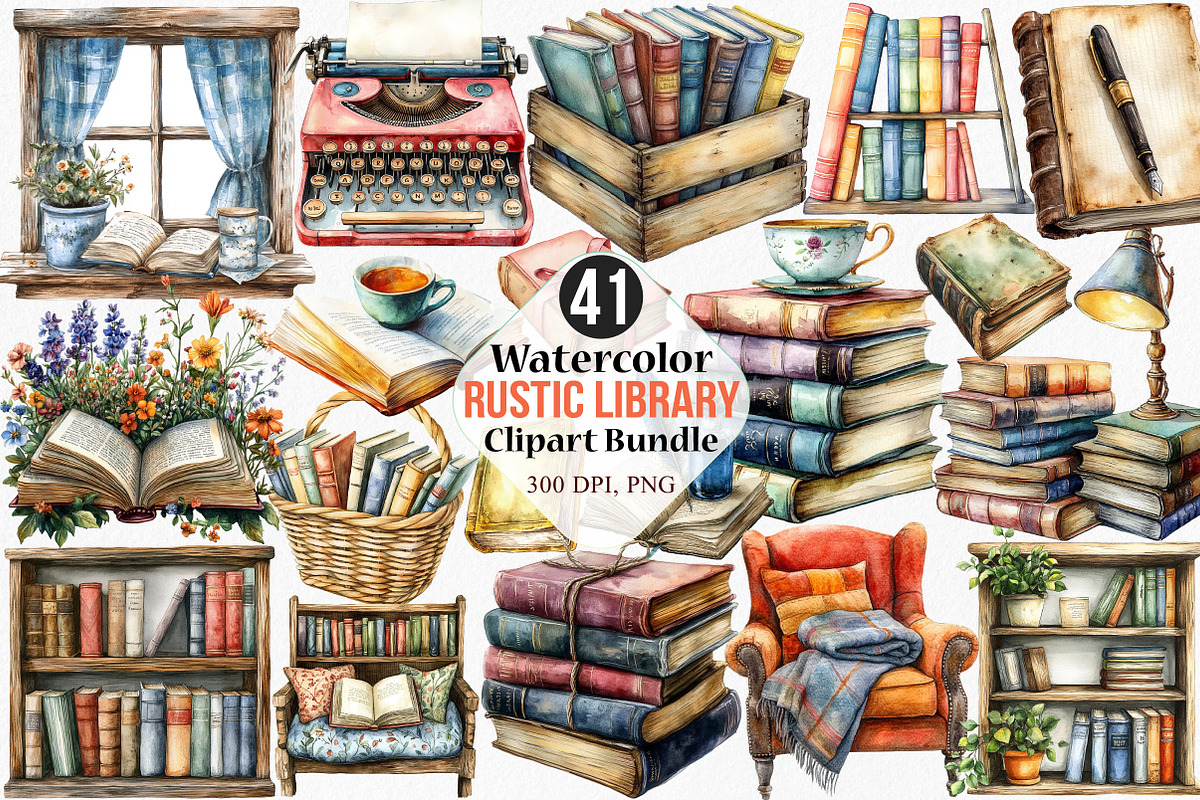 Watercolor Rustic Library Clipart, an Illustration by Canvas Craft (Photo 1 of 7)