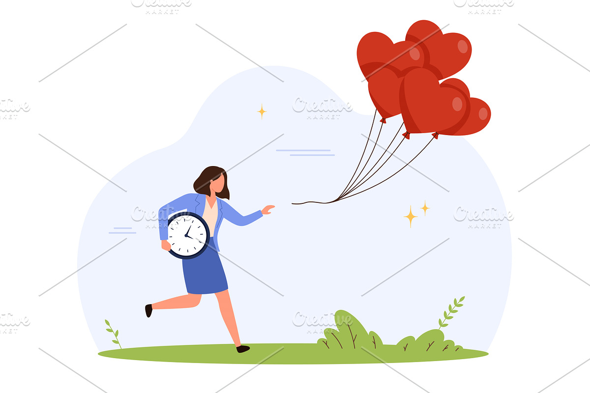Businesswoman chasing love and time, a Person Illustration by Flashvector