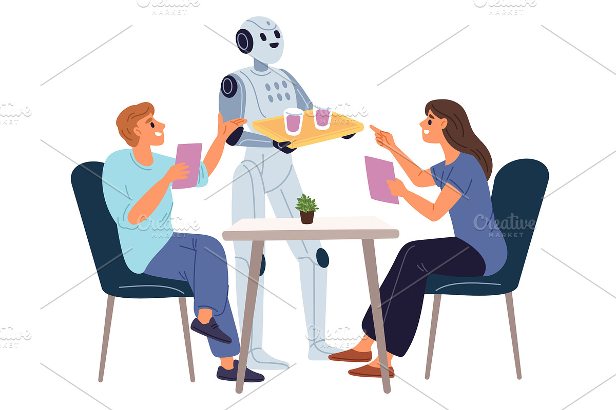 Robot in cafe brought drinks to man, a Technology Illustration by Vectorbuum