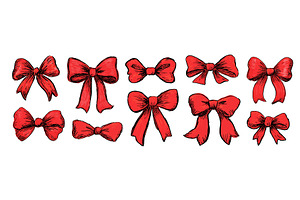 Hand drawn red ribbon bows set