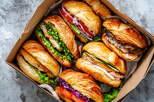 Different croissant sandwiches with meat, cheese and vegetables on grey backgro, a Food & Drink Photo by AlyaAnd