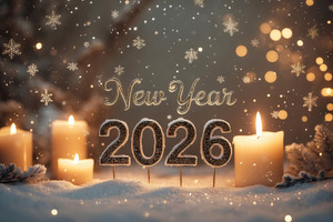 New Year 2026 with Snow, Lit Candles, a Holiday Photo by Perpis