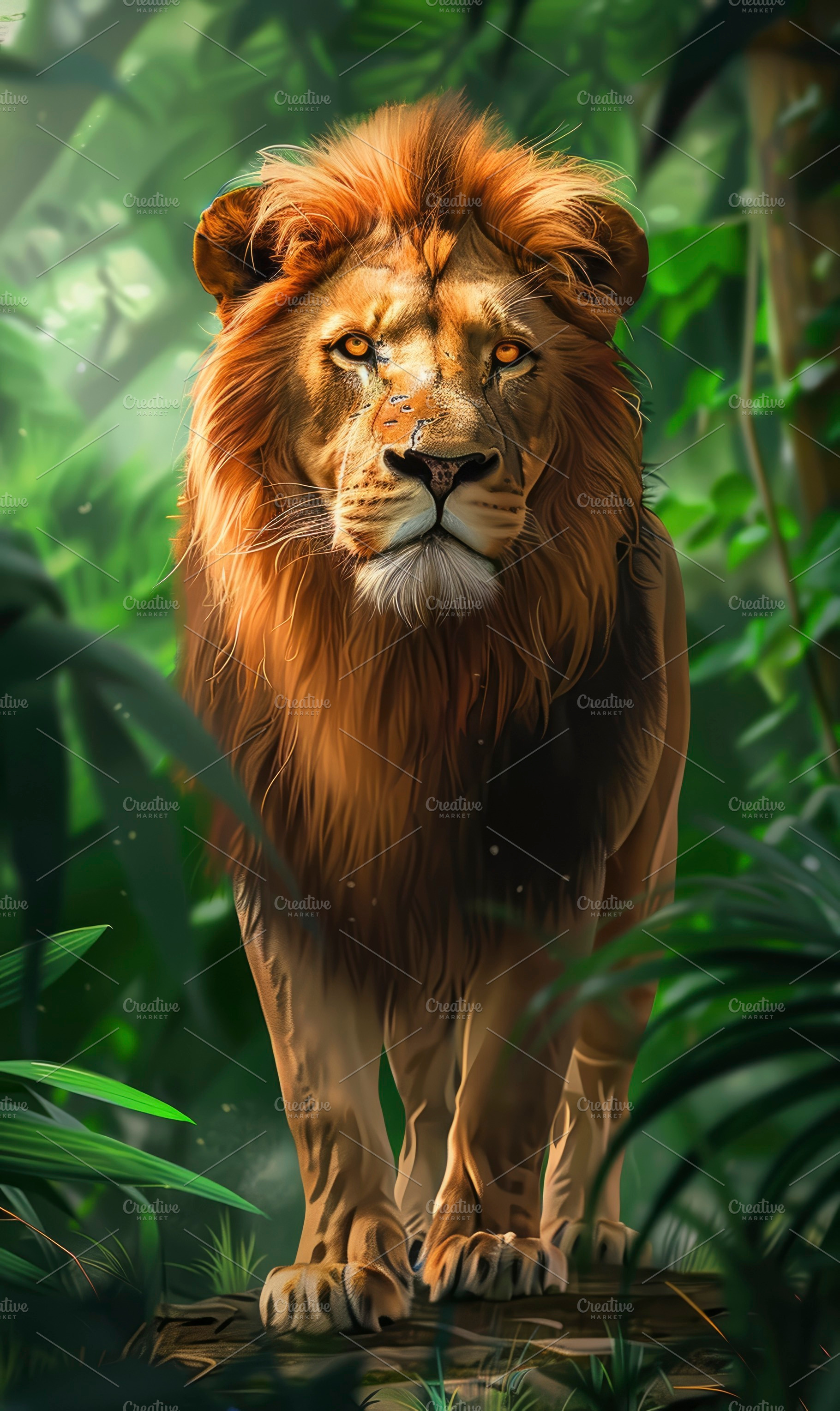 A regal lion stands amongst verdant, a Photo by LOGOCREATIVE