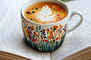 Flowery Coffee Cup on Open Book Cozy, a Food & Drink Photo by Pixeness Studio