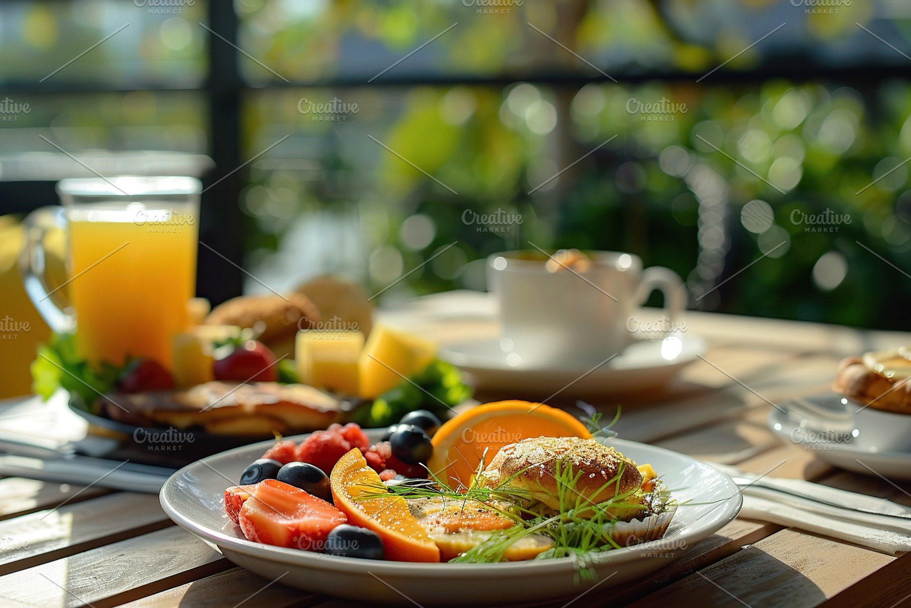 Tasty breakfast with fruits and glass of juice in cafe on sunlights background, a Food & Drink Photo by AlyaAnd