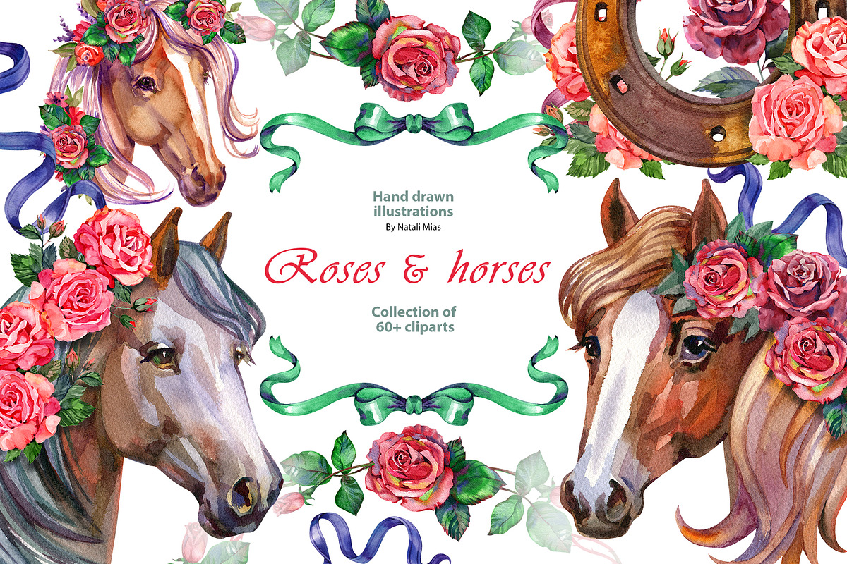 Roses and Horses Watercolor Cliparts, an Animal Illustration by NataliMiasStore (Photo 1 of 8)