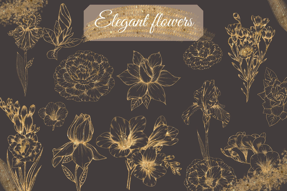 Gold line flowers & strokes clipart, a Decorative Illustration by Mrs.Swan_Design (Photo 2 of 7)