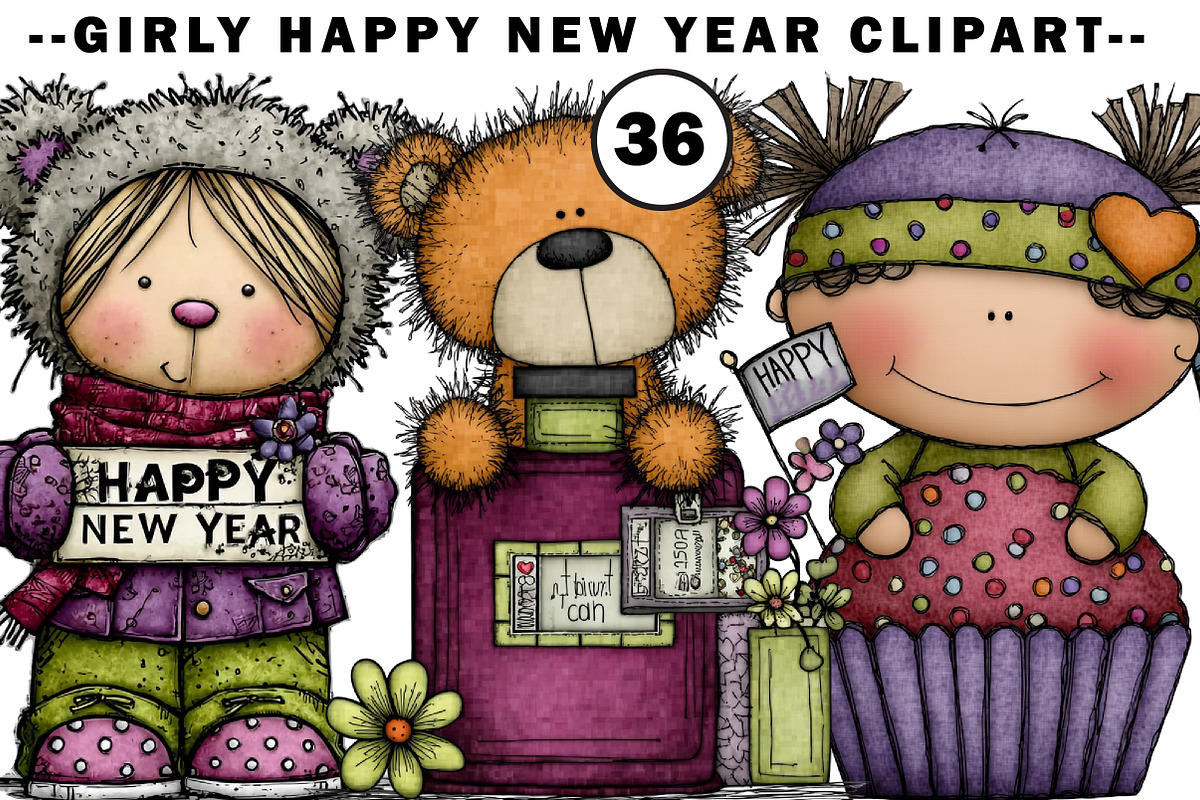 Girly Happy New Year CLIPART, an Illustration by CreationArt (Photo 1 of 7)
